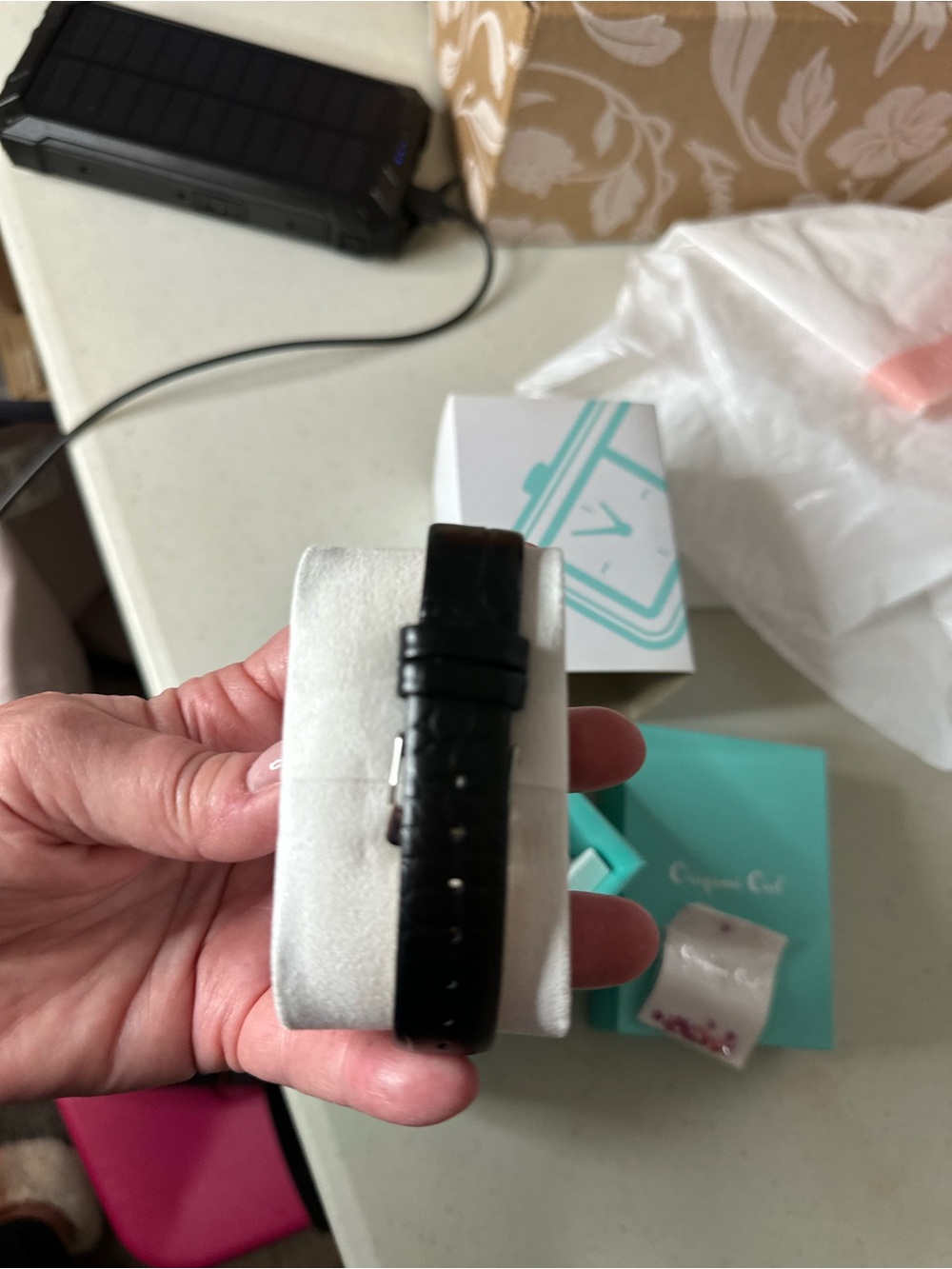 Origami Owl Black Leather Watch with Silver Crystal-Trim Case and Turquoise Box - Picture 4 of 4